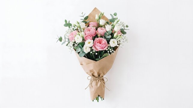 Flat lay of beautiful pink rose and white eustoma flower bouquet wrapped in brown paper isolated on white background.