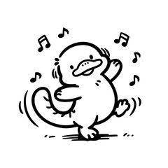 cute cartoon platypus dancing with music notes, playful black white illustration of funny animal character isolated on white background.