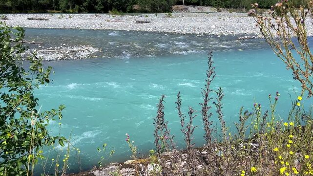 The mountain river Teberda with spruce forest in summer and clouds in Teberda, Russia. View of the river near the confluence of the Amanauz and Gonachkhir rivers near the Caucasus Range. Dombay. 4К