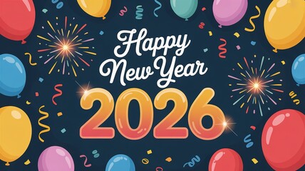 Naklejka premium Vibrant 2026 New Year Celebration Design with Colorful Balloons and Fireworks Festive Background for Greeting Cards and Party Invitations