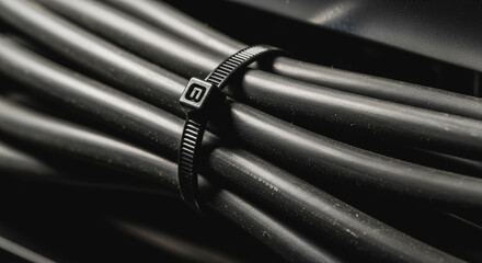 Macro Close-up of Black Electrical Wires Secured by a Zip Tie Cable Tie Bundle. Organized Technology, Data, and Power Management Concept.