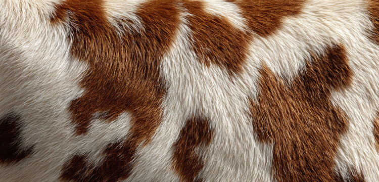 A cow's skin displaying brown and white spotted coat with detailed fur texture
