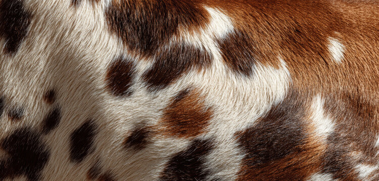 A cow's skin displaying brown and white spotted patterns with textured hair and smooth fur