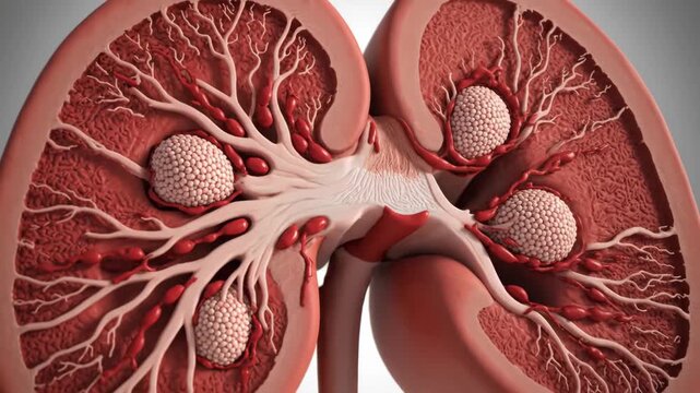 Detailed 3D animation illustrating kidney stone formation within the human urinary system. Medical visualization.