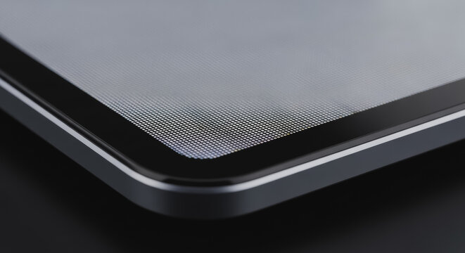 Detailed Macro Shot of Device Screen Corner Revealing Pixel Grid Texture, Modern Metallic Bezel, and Rounded Edges. Abstract High-Tech Display Surface Background.