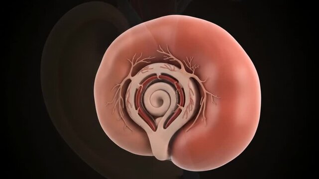 Detailed 3D animation illustrating the complex anatomy of the human ear, focusing on the inner ear and cochlea.