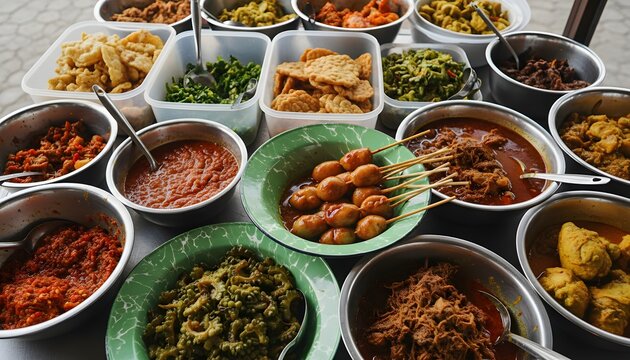 Delicious buffet of various traditional Indonesian food dishes.