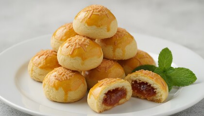 Delicious homemade pineapple tarts stacked on a white plate.