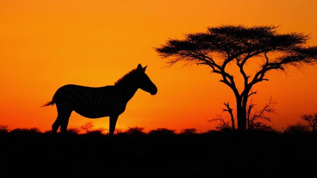 Silhouette of zebra at sunset with acacia tree for International Zebra Day