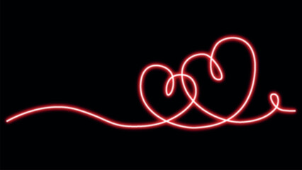  Neon Light Heart Line isolated Black Background..Hand drawn line art of two hearts, isolated on a transparent background. Editable stroke. Continuous one line drawing. Best for Valentines day, romant © Tonni 