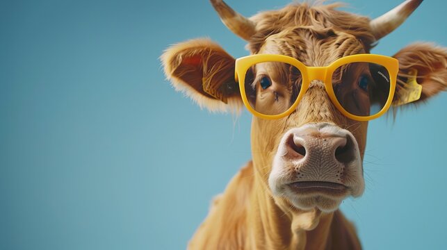 Amusing cow wearing stylish sunglasses posing playfully in front of a vibrant blue studio backdrop