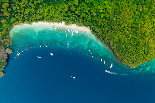 Monkey beach and long tail boat in Phi Phi Don island, Krabi, aerial top view. Beauty nature of Thailand, travel Phuket.