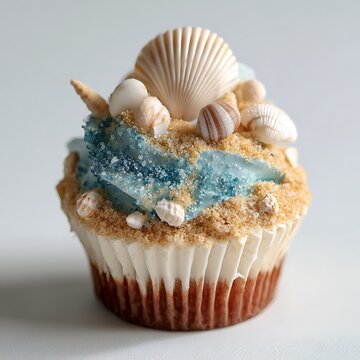 A cupcake decorated with seashells and blue icing on a white background resembling a beach theme with a seashell on top and sand texture