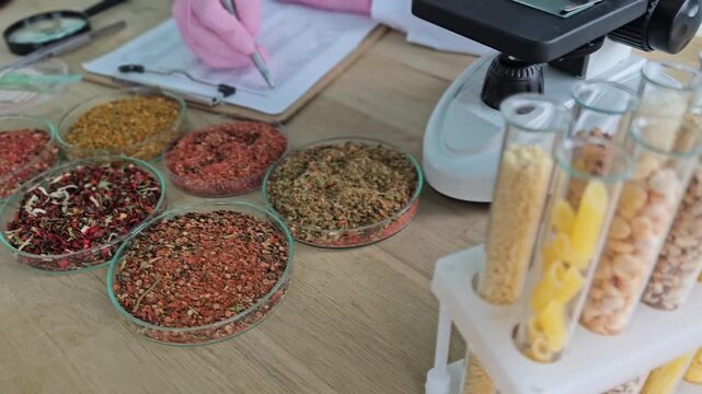 Exploring different types of grains and pasta in a laboratory setting for food research and analysis