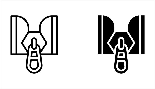 Zipper icon set. open zip lock tailor collection. Textile and fabric zippers fastener, sewing tools for clothes and bags on white background