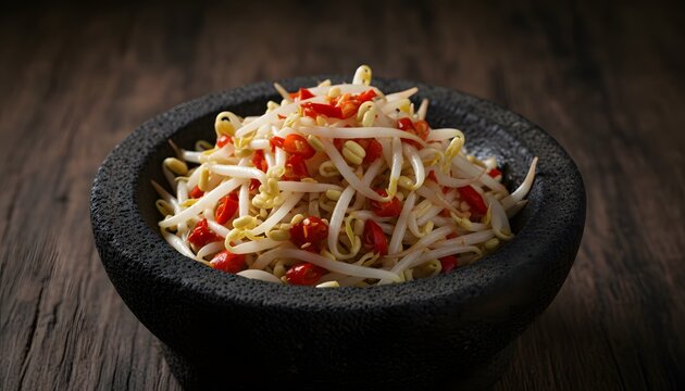Spicy Indonesian bean sprout salad with chili in a traditional stone mortar.