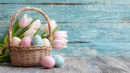 Colorful easter eggs on rustic old wooden background, top view of festive spring holiday decoration and seasonal celebration concept