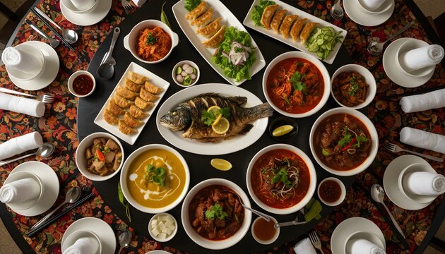 Top down view of a traditional Asian food banquet feast on a round table.