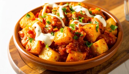 Fototapeta premium A serving of Spanish patatas bravas, crispy fried potato cubes topped