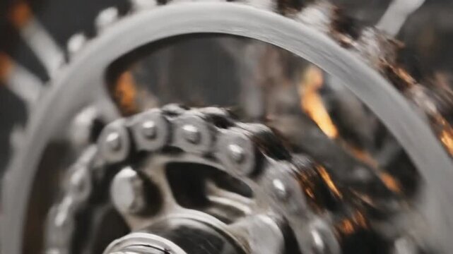 A motionblurred closeup view of a metallic roller chain moving over the teeth of a spinning sprocket
