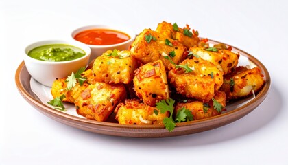 Fototapeta premium A stack of Indian aloo tikki, crispy golden spiced potato patties garnished