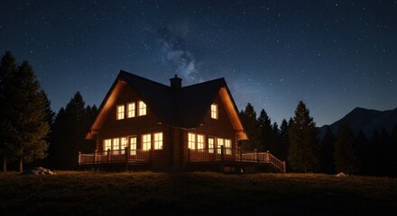 Cozy wooden cabin glows warmly under a starry night sky, nestled in a forest