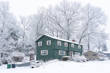 green color house in winter snow 