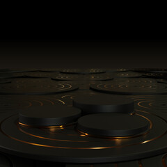 Black podium platform with glowing gold edges and circular pattern for product display.