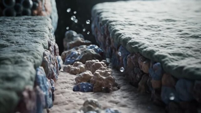 Detailed 3D animation of a cell-like entity and molecular movement within a biological pathway
