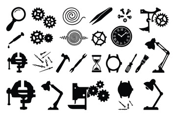 Obraz premium Set of black silhouette watchmaker and repair tools vector illustration