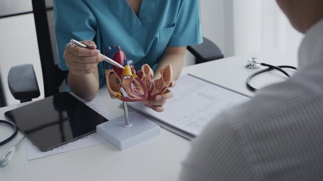 Cardiologist doctor showing anatomical of human heart model to patient, heart disease