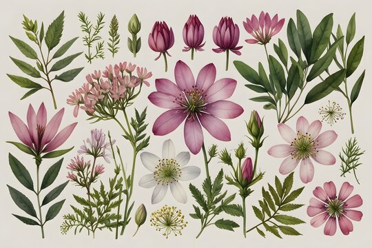 Artistic flat lay of cleome petals and botanical elements