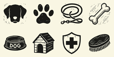 Vintage Woodcut Dog Icons Set - Pet Care and Canine Essentials Collection