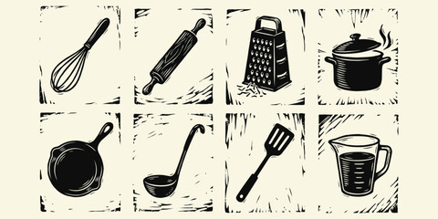 Vintage Kitchen Utensils Linocut Icons Collection