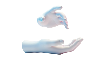 Two 3D rendered hands, one above the other, on a white background