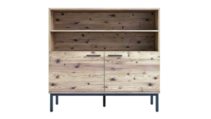Wooden cabinet with open shelves and two drawers on black metal legs