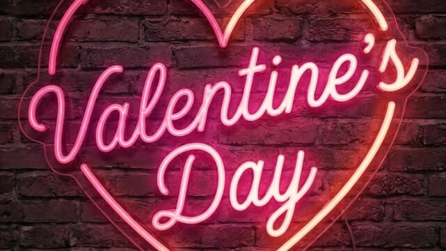 A pink and white cursive neon sign that reads Valentines Day inside a glowing heart on a brick wall