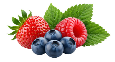 Fresh strawberries raspberries and blueberries isolated on transparent background