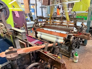 Traditional Himroo textile weaving workshop with vintage looms in Aurangabad Maharashtra India
