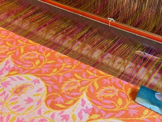 Traditional Himroo textile weaving workshop with vintage looms in Aurangabad Maharashtra India
