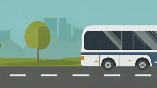 A white and blue bus driving on a road with a city skyline and tree in the background, conveying a sense of urban transportation with a serene mood.