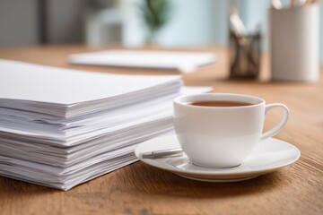 Fototapeta premium Elegant retirement savings plan brochures and a cup of coffee on a wooden table in a cozy office setting