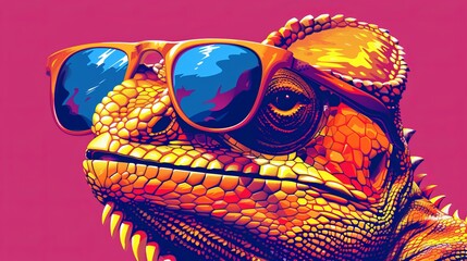 Stylish chameleon in sunglasses on a solid color background   minimal abstract vector art