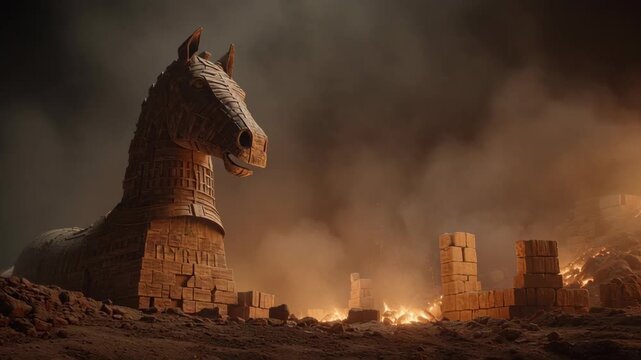 Ancient Trojan Horse Structure in a Mythical Battlefield Scene with Fire and Smoke for Historical and Cultural Representation