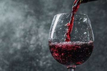 Pouring rich red wine into a clear glass with bubbles on a textured gray background at a cozy setting