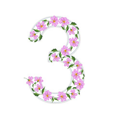The white number 3 is decorated with an ornament of pink flowers. Computer illustration.