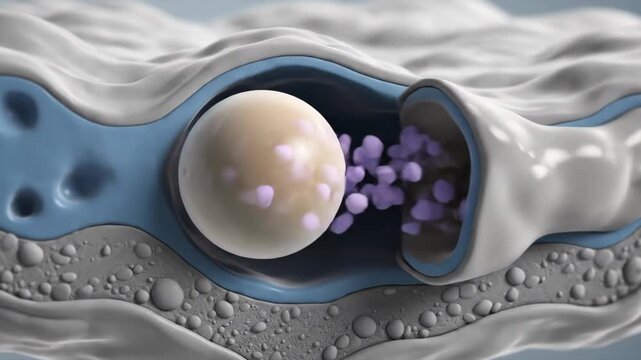 Detailed 3D animation of a microcapsule delivering active ingredients or cells within a tissue layer.