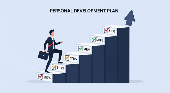 Businessman Climbing Checklist Staircase to Achieve Goals
