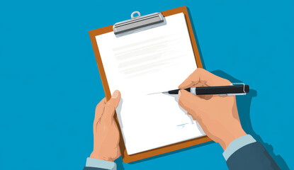 A person's hand writing on a blank sheet of paper attached to a clipboard with a black pen, blue background