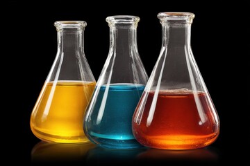 Laboratory flasks containing colorful liquids showcase the fascinating world of chemistry in a modern research setting